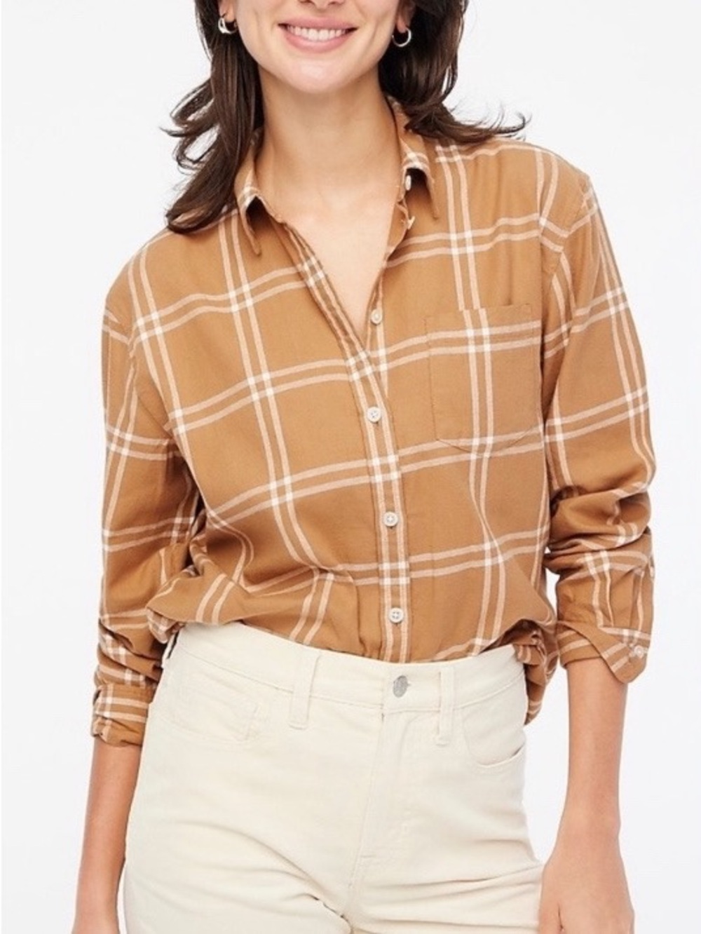 J. Crew Flannel Shirt Size L Camel Plaid 100% Cotton Button Down Top Academia